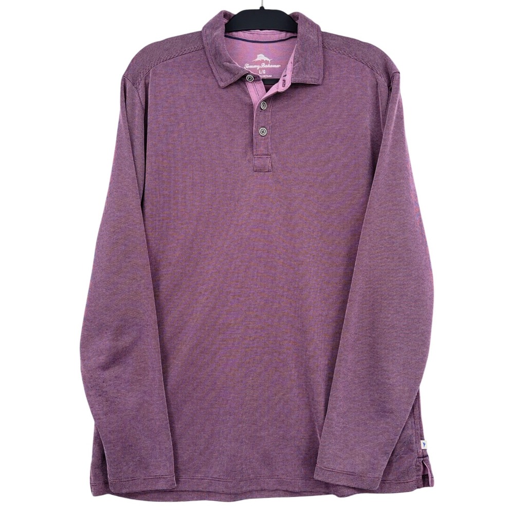 Tommy Bahama Long‎ Sleeve Polo Mens L Tencel Polyester Purple Micro-Stripe